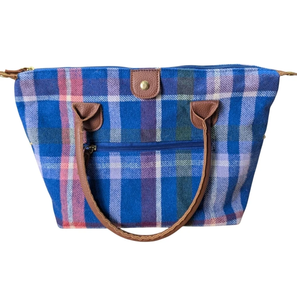 Woman Within Plaid Blue Brown White Pink Green Women's Handbag EUC Zipper Pocket - Picture 3 of 11